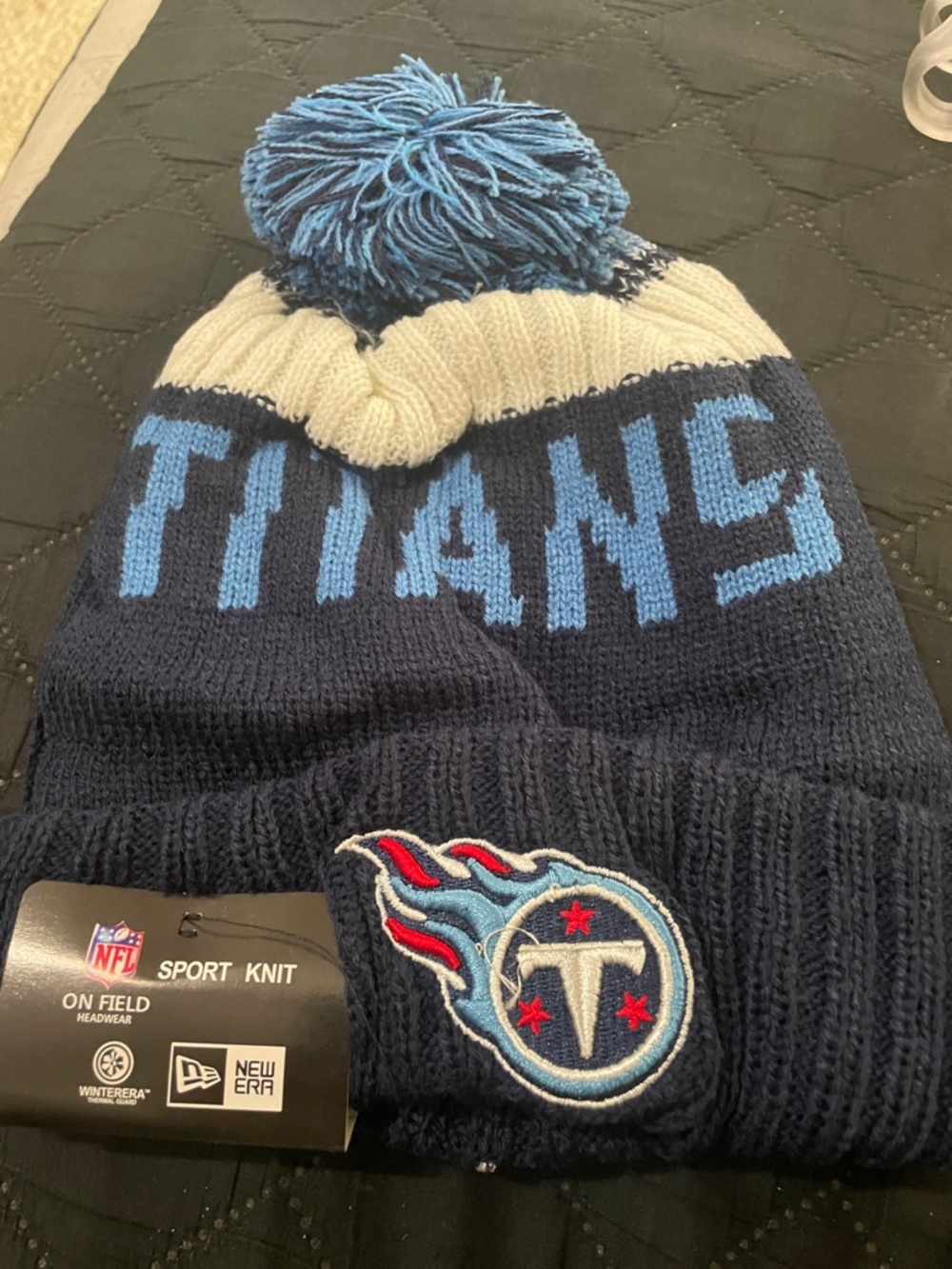 New Era Tennessee Titans Navy and Light Blue Pom Beanie